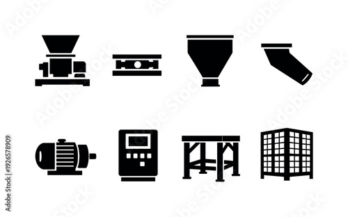 Industrial gravimetric feeder icon set showing gravimetric feeder, load cell, feed hopper, discharge chute, drive motor, control panel, support frame