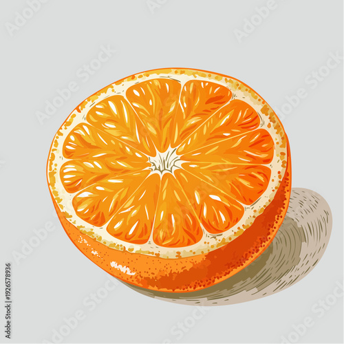 Vibrant orange slice illustration on a clean white background viewed from a slight angle with soft shadow underneath