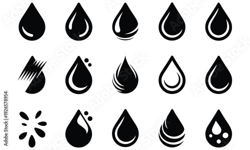 Collection of fifteen unique black vector water drop illustrations with different styles and designs on a white background for various graphic design uses.