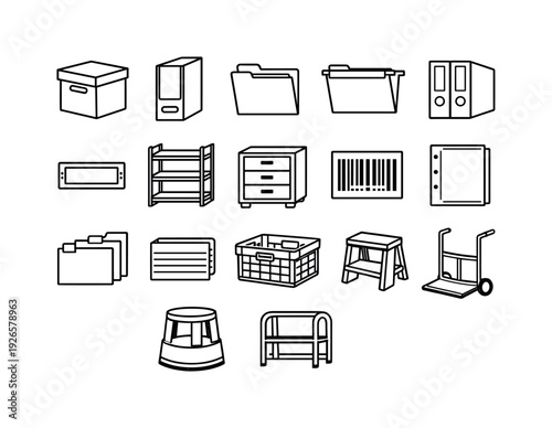 Office archive storage items: archive box, document box, file folder, hanging folder, ring binder, label holder, storage shelf, drawer cabinet