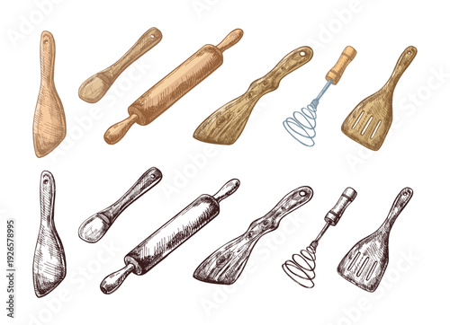 Hand drawn vintage sketch set of wooden kitchen utensils in color and monochrome