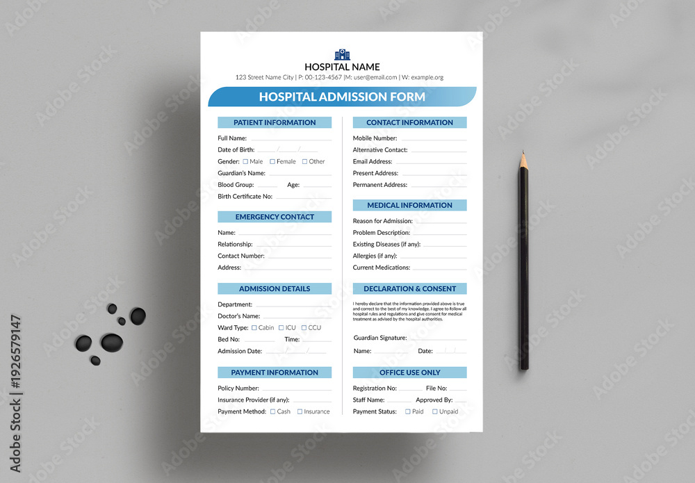 Hospital Admission Form Template Layout Stock Template | Adobe Stock