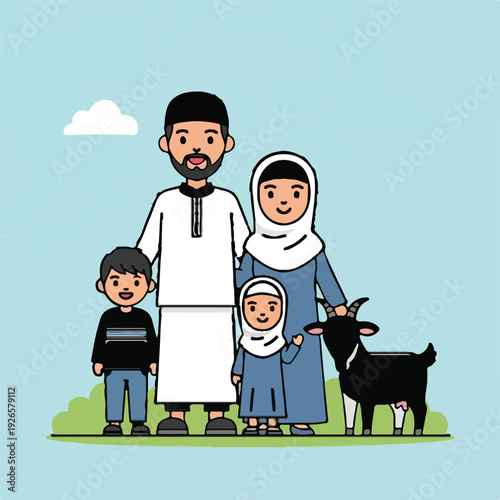 Muslim family with two children and a goat illustration. Father, mother, son, and daughter in traditional attire standing together with a black goat on green grass under a blue sky with a white