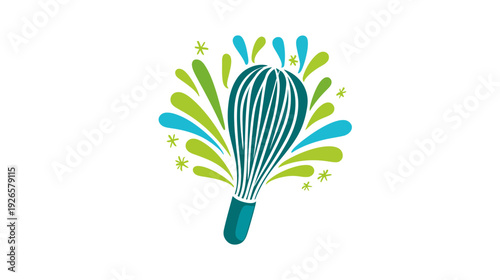 A stylized kitchen whisk with a teal handle and a swirling, colorful design around it