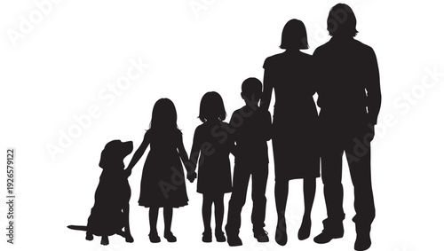 Family silhouette with parents, three children and pet dog standing together, black cutout figures isolated on white background for logo, poster, social concept design