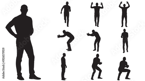 Man silhouette pose set with standing, walking, jumping and squatting gestures, black human figure icons isolated on white background for design and sport concepts
