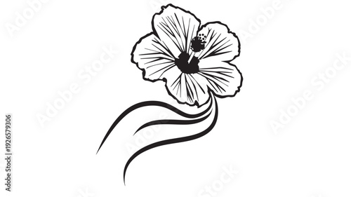 Flower hibiscus line art illustration with flowing swirl stem, black ink outline botanical tattoo style icon isolated on white background for logo and design