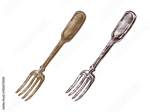Hand drawn vintage sketch set of dining fork in color and monochrome versions