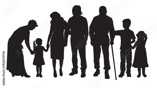 Family silhouette group with elderly and children standing together featuring relatives, generation, people with black and white elements for simple, illustration projects, clean composition on