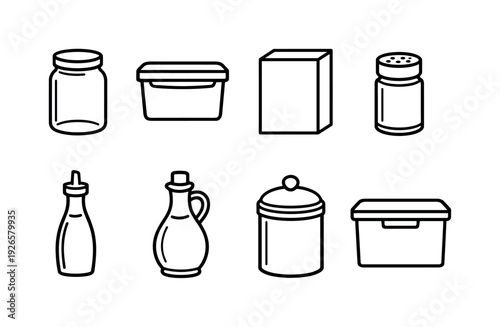 Home pantry food containers: glass jar, plastic container, cereal box, spice jar, oil bottle, vinegar bottle, sugar canister, storage bin