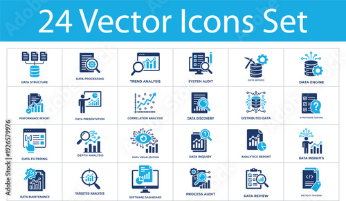 Data analytics solid icons set. Collection of data structure, trend analysis, system audit, data mining, correlation analysis, analytics report and process audit icons.