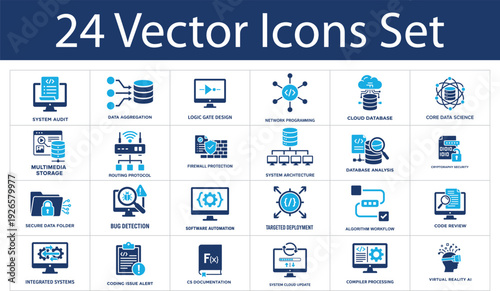 Network and database technology solid icons set. Collection of system audit, data aggregation, cloud database, firewall protection, database analysis and compiler processing icons.