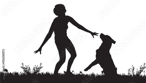 Silhouette woman playing with dog on grassy field, female owner training pet with raised paw, outdoor friendship scene, isolated black shapes on white background