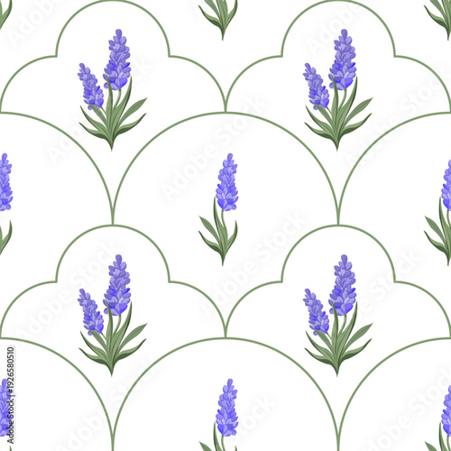 Seamless vector spring floral pattern with lavender in a geometric arrangement on a white background. Decorative floral design for textiles and print.