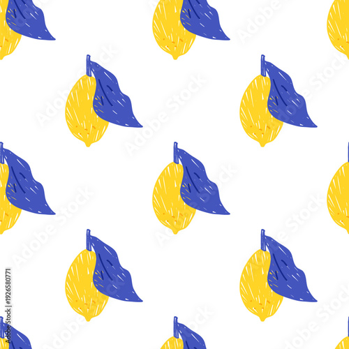Seamless pattern citrus. Naive scribble lemons endless background. Summer fruit crayon design for textiles, kitchen decor. Mediterranean floral tropical lemon print. Vector hand drawn fresh citrus.