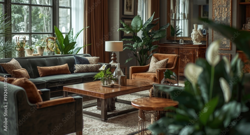 Fototapeta premium Elegant living room scene with comfortable seating, coffee table centerpiece, and indoor greenery