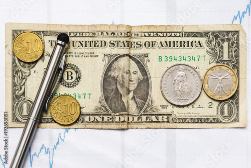 one dollar bill with euro and swiss franc coins and a stylus pen on a financial chart background, symbolizing global currency exchange and market analysis