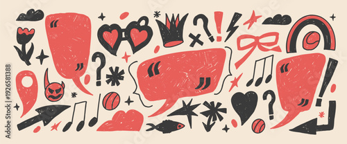 Speech bubble quote and crayon text callout clouds. Playful hand drawn funky boxes and frames look like pencil doodles or chalk sketches. Naive collage with red, and black shapes for dialogue or note.