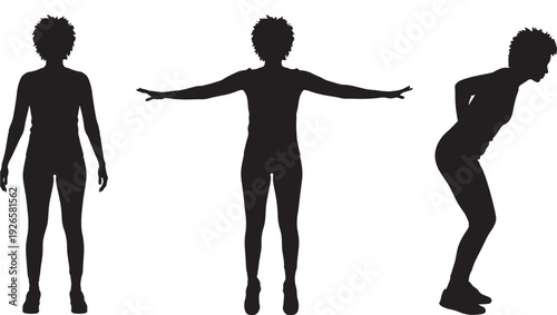 Woman silhouette set in three standing poses, front view, arms outstretched and side bending posture, black cutout figures isolated on white background