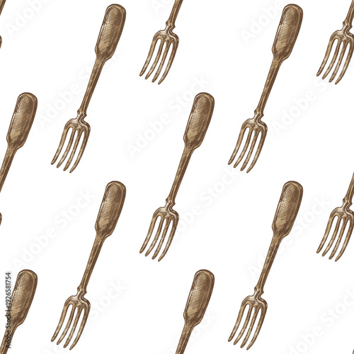 Hand drawn vintage seamless pattern of classic dining fork engraving style illustration