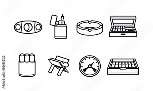 Cigar accessories: cigar cutter, cigar lighter, ashtray, humidor box, cigar case, cigar stand, hygrometer, storage tray