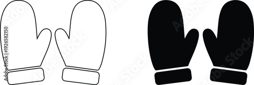 Two pairs of winter mittens in black and white illustration isolated on white background