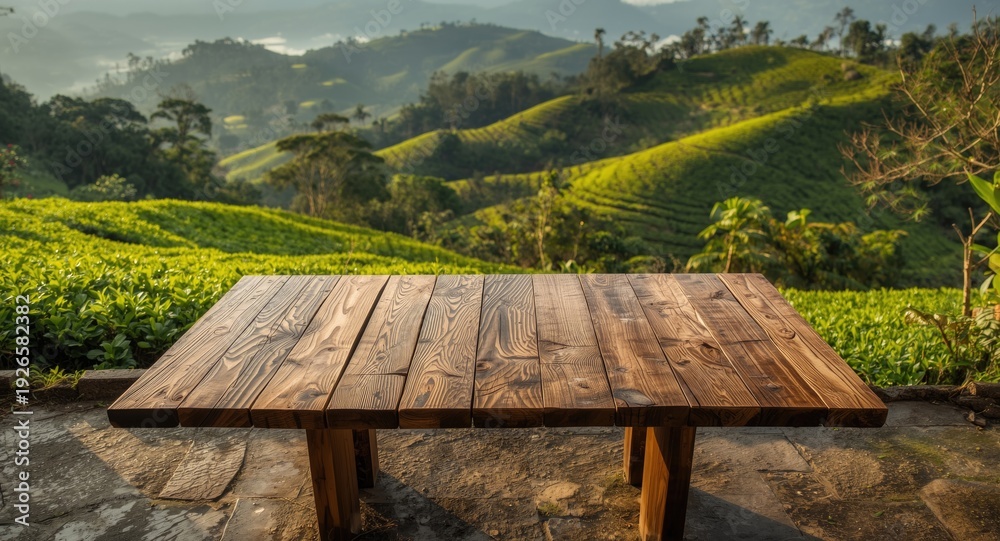 Fototapeta premium reclaimed wooden table with textured surface overlooking vibrant green tea plantation terraces