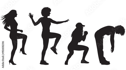 Silhouettes people workout exercise poses set showing standing knee lift, balance reach, squat lunge, and forward bend stretching routine in black on white