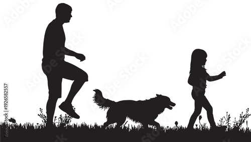 Family silhouette walking with dog on grass meadow, father and child outdoor activity scene, side view black cutout figures isolated on white background