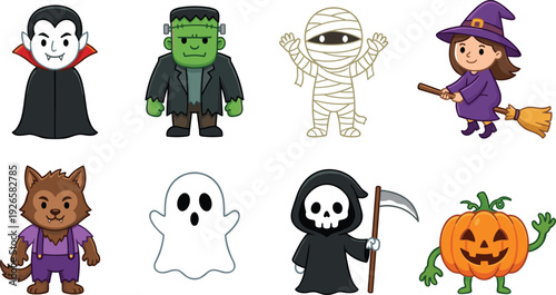 Cute Halloween Cartoon Characters Set with Vampire, Frankenstein, Mummy, Witch, Werewolf, Ghost, Grim Reaper and Pumpkin Illustration