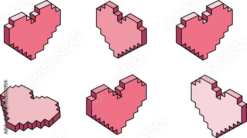 Isometric pixel art heart icons set, 3D love symbol collection for game UI, health bar and app design
