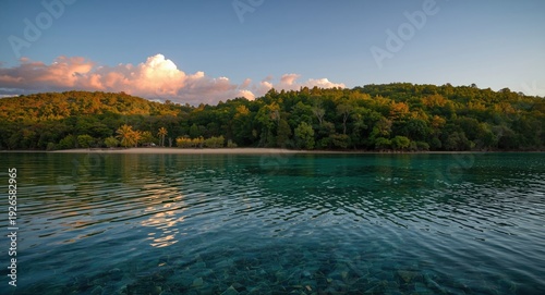Golden dawn illuminating a vibrant landscape with colorful clouds, lush forests, and sparkling waters