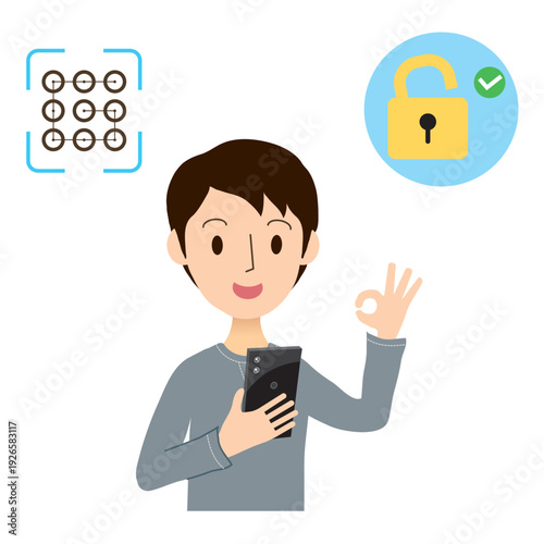 スマホのパターン認証でロック解除をする男性