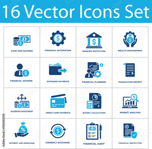 Financial management and banking solid icons set. Collection of cash and savings, financial automation, banking institution, wealth management, budget calculation and market analysis icons.