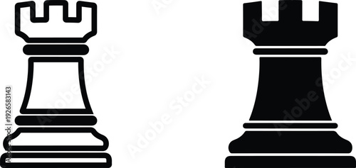 Two rook chess pieces one white and one black in simple line style  iconic strategy game elements