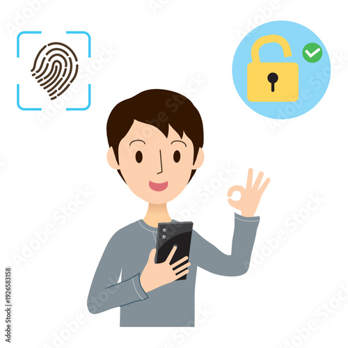 スマホの指紋認証でロック解除をする男性