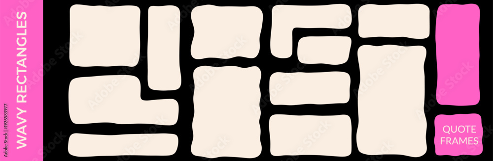 Obraz premium White wavy rectangle organic shapes set. Geometric frame with irregular borders. Square block for text. Curvy abstract wave hand drawn flat background figures illustration set isolated on black bg.