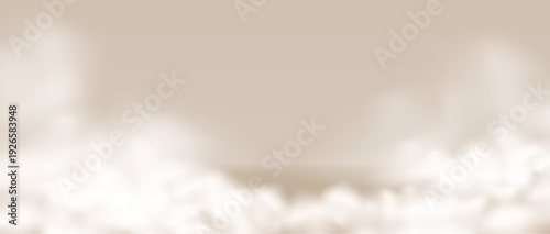 Light brown beige clouds studio room background. Heaven creamy sky gradient tan template. Morning surface for beauty cosmetic products presentation. Pastel color clouds on floor. limbo Vector bg.