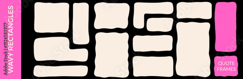 White wavy rectangle organic shapes set. Geometric frame with irregular borders. Square block for text. Curvy abstract wave hand drawn flat background figures illustration set isolated on black bg.