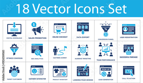 Sales conversion and customer acquisition solid icons set. Collection of digital download, online checkout, conversion funnel, user registration, lead generation and call to action icons.