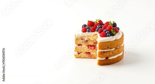 Freshly baked Victoria sponge cake with whipped cream and berry assortment displayed on white background