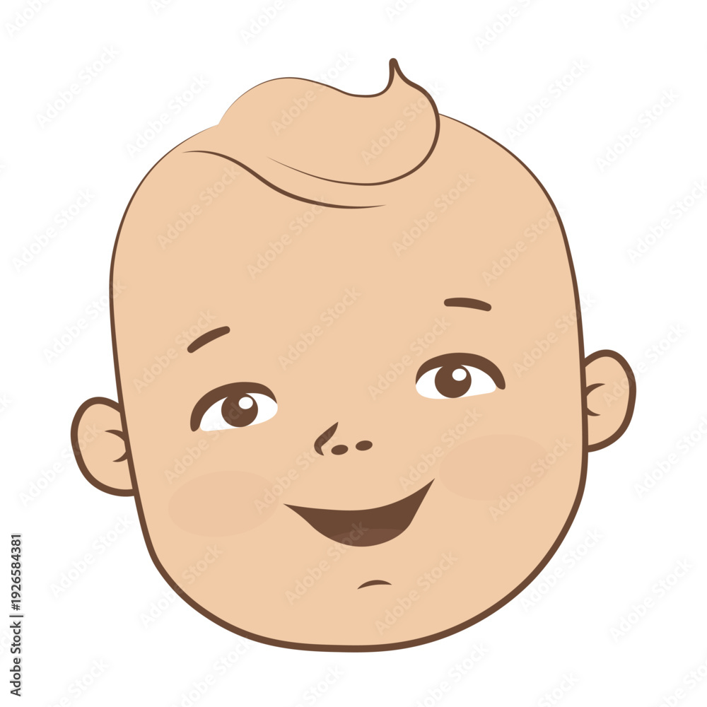 Fototapeta premium Cute smiling baby face cartoon illustration. Happy infant head icon with rosy cheeks and expressive eyes isolated on white background. Vector character design for children products and logo.