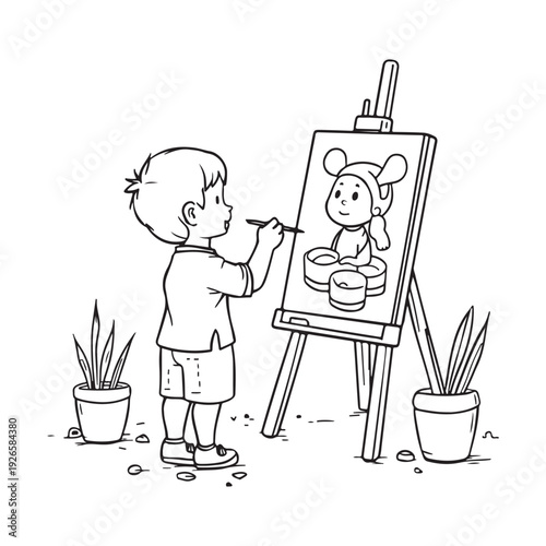 Child painting on easel simple educational art scene line art