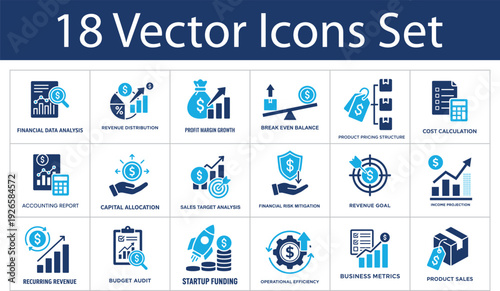 Financial analysis solid icons set. Profit margin, accounting report, revenue goal, budget audit, cost calculation, startup funding. Business metrics solid icons collection