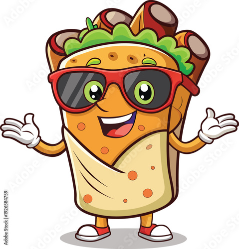 Happy shawarma wrap mascot with sunglasses, cheerful fast food vector illustration