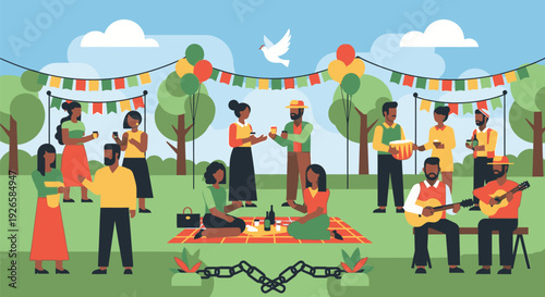 People gather in a park for a lively outdoor music festival celebration