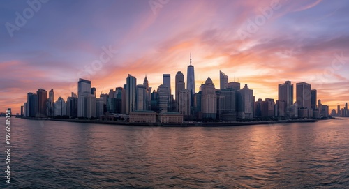 Wallpaper Mural Panoramic city skyline at sunset with countless skyscrapers by a river Torontodigital.ca
