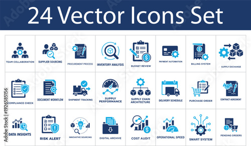 Supply chain solid icons set. Procurement process, supplier sourcing, shipment tracking, inventory analysis, purchase order. Logistics management solid icons collection