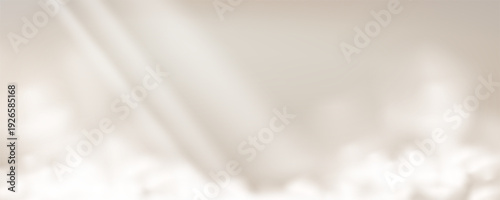 Beige brown cream clouds with sunburst light background. Heaven fog sky sunny summer day template. Morning atmosphere surface for cosmetic products. Pastel caramel colors clouds. Vector fantasy bg.