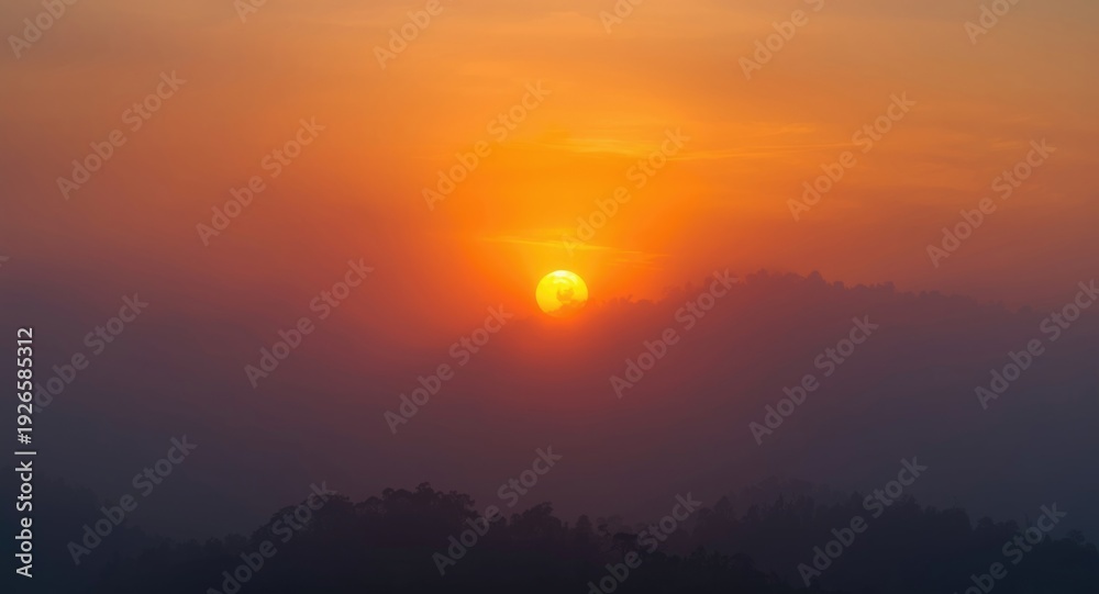 Obraz premium Bright sunrise shining through misty dawn with wide copy space